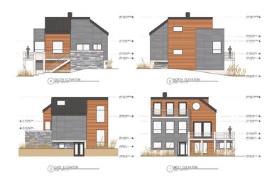 Пример оригинального дизайна: трехэтажный, серый частный загородный дом в стиле модернизм с комбинированной облицовкой, односкатной крышей и металлической крышей