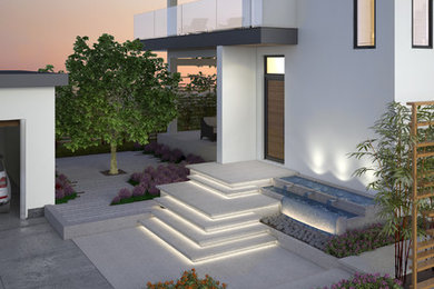 Inspiration for a large contemporary white three-story stucco flat roof remodel in Vancouver