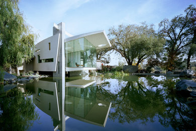 Источник вдохновения для домашнего уюта: большой, одноэтажный, серый дом в стиле модернизм с облицовкой из бетона и плоской крышей