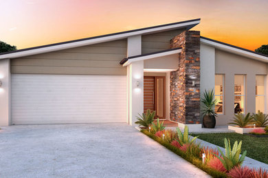 Diseño de fachada beige contemporánea de tamaño medio de una planta con revestimiento de aglomerado de cemento y tejado de un solo tendido