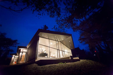 Imagen de fachada gris minimalista de tamaño medio de una planta con revestimiento de metal y tejado plano