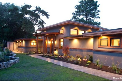 Cette image montre une grande façade de maison marron design en stuc à un étage.