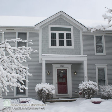 Light Mist Shingle & Plank by James Hardie and White Alside Vinyl Windows