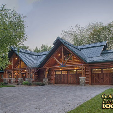 Log gable covered front entrance Lakehouse 4166AL by Golden Eagle