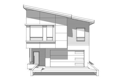 Diseño de fachada de casa azul minimalista de tamaño medio de dos plantas con revestimientos combinados, tejado de un solo tendido y tejado de metal