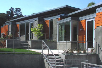 Diseño de fachada de casa marrón moderna de una planta con revestimiento de madera y tejado plano