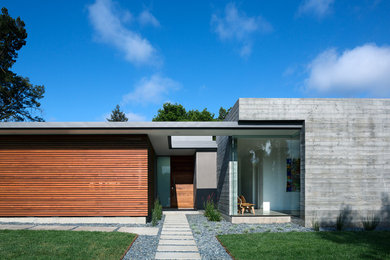 Cette image montre une façade de maison minimaliste en verre.