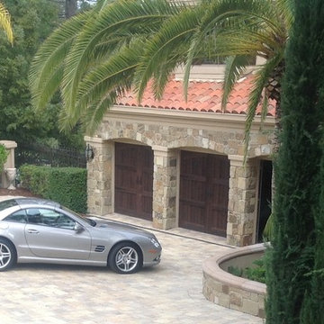 Los Gatos Mediterranean- paver driveway, stone veneer on the garage