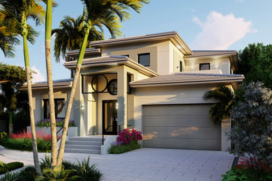 Large transitional white two-story stucco house exterior photo in Miami with a hip roof and a tile roof