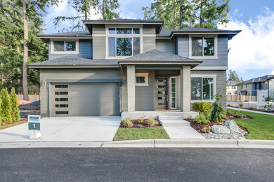 Example of a gray two-story exterior home design in Seattle
