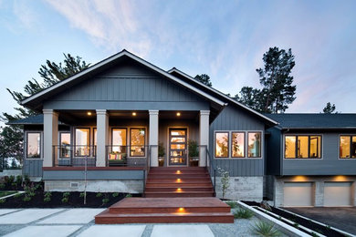 Mid-sized arts and crafts gray two-story wood exterior home photo in San Francisco with a shingle roof