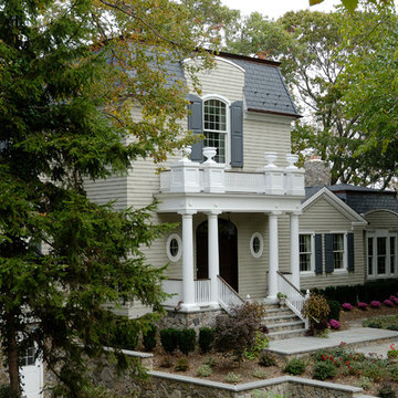 Mansard roofs were added to the former 1960's ranch home.