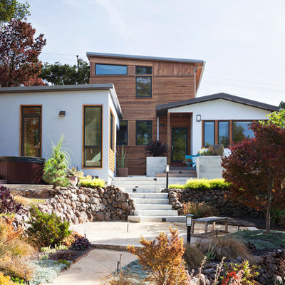 Inspiration for a contemporary white two-story wood exterior home remodel in San Francisco with a shed roof