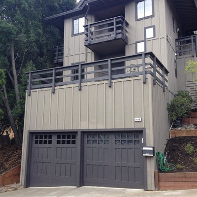 Mid-sized elegant gray two-story vinyl gable roof photo in San Francisco