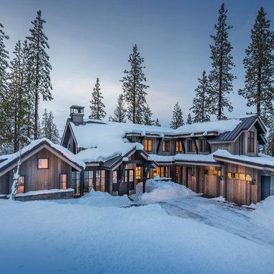 Mid-sized rustic gray two-story wood exterior home idea in Sacramento with a metal roof