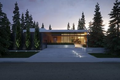 Inspiration for a mid-sized modern white two-story mixed siding flat roof remodel in Edmonton