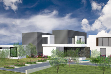 Aménagement d'une très grande façade de maison blanche moderne à un étage avec un revêtement mixte et un toit plat.