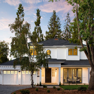 Large transitional white two-story vinyl house exterior photo in San Francisco with a hip roof and a shingle roof