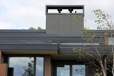 Foto de fachada gris contemporánea extra grande de dos plantas con revestimientos combinados y tejado plano
