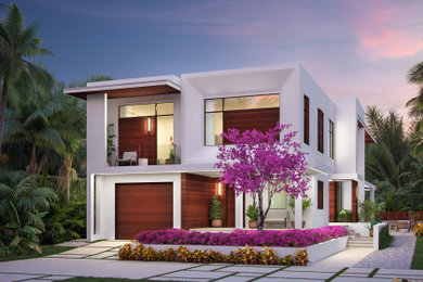 На фото: двухэтажный, белый частный загородный дом в стиле ретро с облицовкой из цементной штукатурки и плоской крышей с