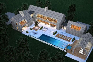 Modelo de fachada de casa gris moderna extra grande de dos plantas con revestimiento de madera, tejado a dos aguas y tejado de varios materiales