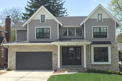 Mid-sized transitional gray two-story mixed siding exterior home photo in Chicago with a shingle roof