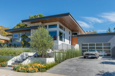 Example of a large 1960s gray one-story stucco exterior home design in San Francisco