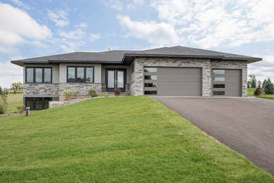 Diseño de fachada de casa gris minimalista con revestimiento de vinilo y tejado de teja de madera