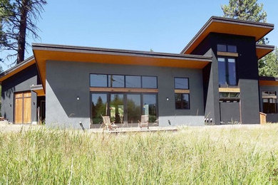 Mid-sized minimalist gray one-story concrete house exterior photo in Other with a shed roof