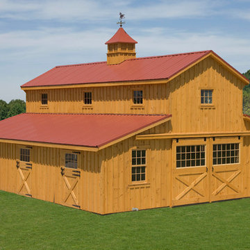 Monitor Horse Barn with Stain, Red Metal Roof, Cupola, Horse Weathervane