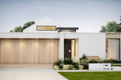 Imagen de fachada de casa blanca moderna pequeña de una planta con tejado plano y tejado de metal