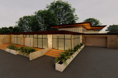Foto de fachada de casa bifamiliar beige minimalista de dos plantas con revestimiento de piedra y tejado plano