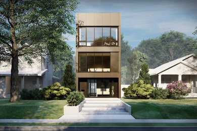 Diseño de fachada gris minimalista pequeña de tres plantas con revestimiento de metal