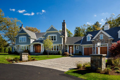 Large traditional gray two-story wood exterior home idea in Boston with a shingle roof