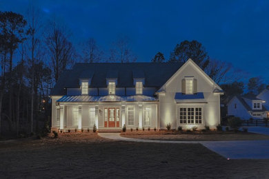 Mid-sized elegant gray two-story wood exterior home photo in Atlanta with a shingle roof
