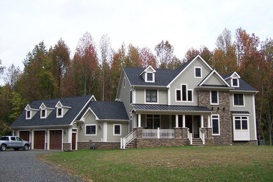 Example of a large classic gray two-story mixed siding house exterior design in New York with a hip roof and a shingle roof