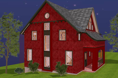 Ejemplo de fachada roja clásica de tamaño medio de tres plantas con revestimiento de madera