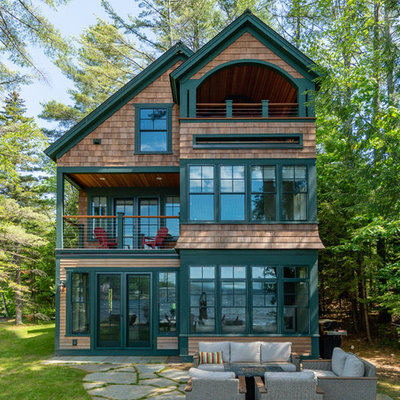 Large arts and crafts brown three-story wood exterior home photo in Boston