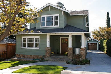 Arts and crafts green three-story wood exterior home photo in San Francisco