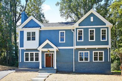 Mid-sized craftsman blue two-story wood exterior home idea in DC Metro