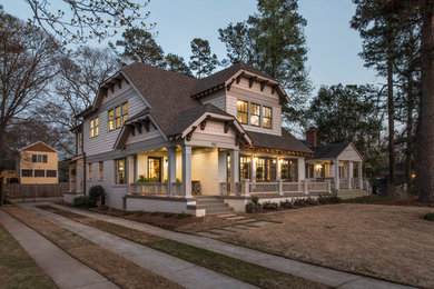 Mid-sized elegant gray two-story wood exterior home photo in Atlanta with a hip roof