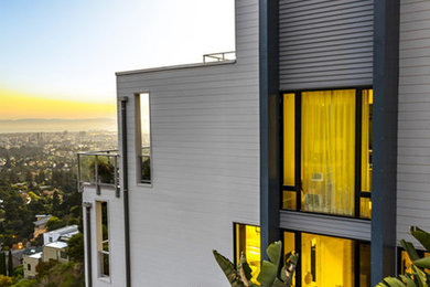 Gey house exterior in San Francisco with concrete fibreboard cladding and a flat roof.