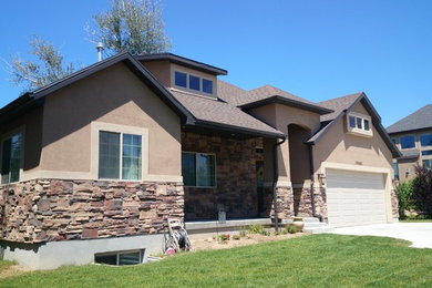 Mid-sized transitional brown one-story mixed siding exterior home photo in Salt Lake City with a shingle roof