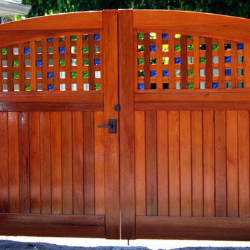 Old growth cypress  driveway  gate with fused glass