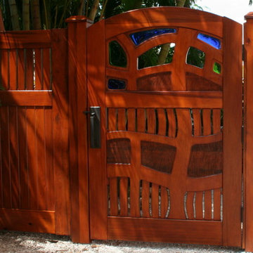 Old growth cypress  garden  gate with fused glass