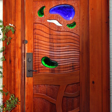 Old growth cypress  garden  gate with fused glass