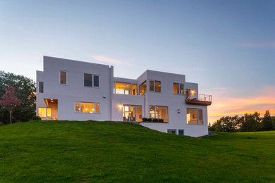 Идея дизайна: двухэтажный, белый, большой дом в современном стиле с облицовкой из ЦСП и плоской крышей