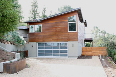 Exemple d'une façade de maison multicolore tendance de taille moyenne et à un étage avec un toit en appentis.