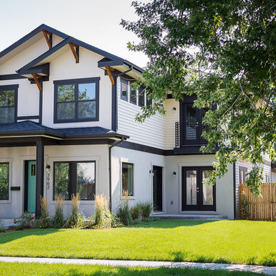 Example of a large transitional white two-story concrete fiberboard exterior home design in Denver with a shingle roof