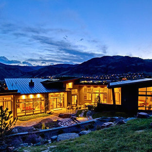 Large contemporary brown one-story stucco exterior home idea in Denver with a shed roof